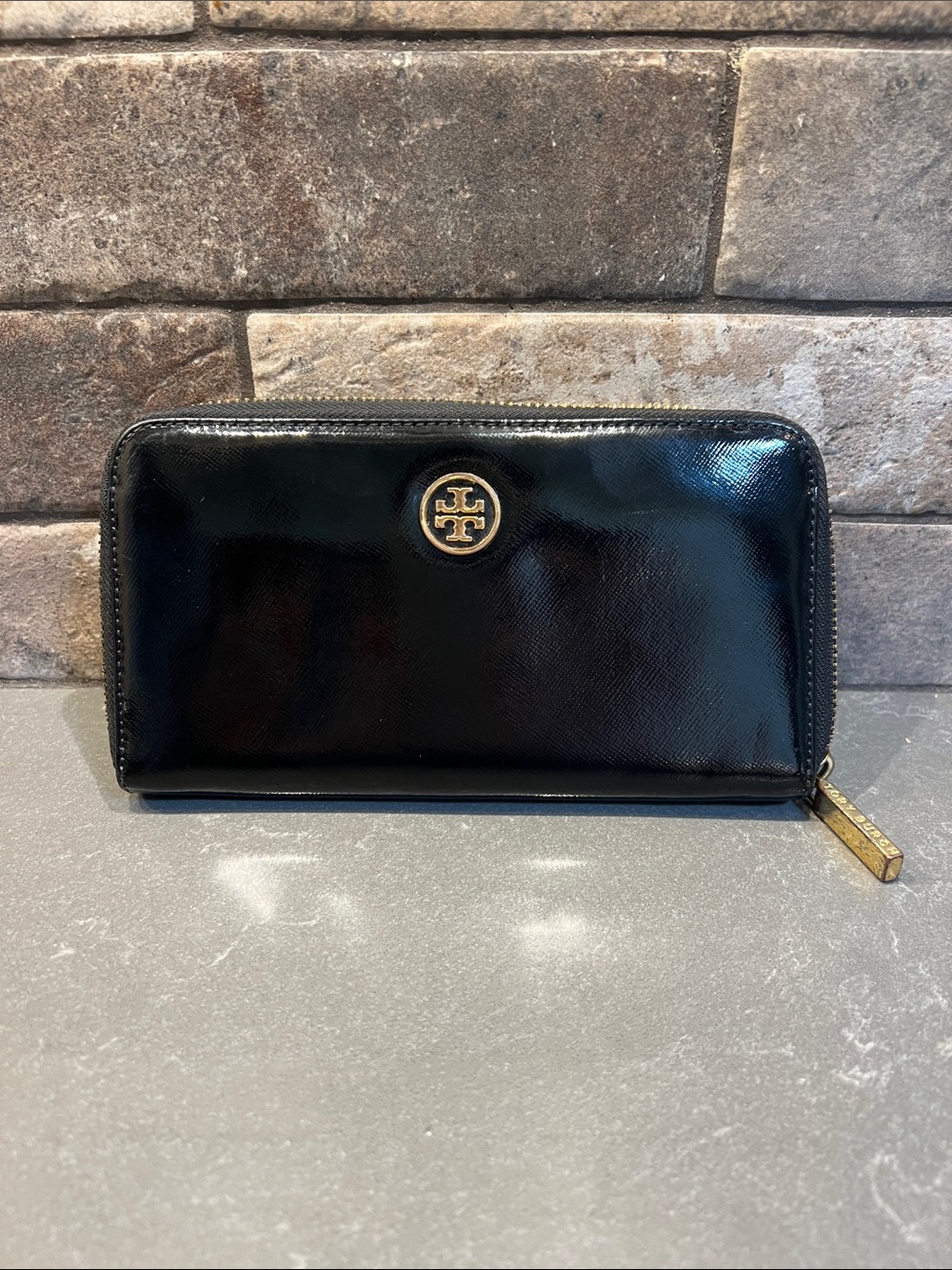 Tory Burch Black Patent Zip-Around Wallet with Gold Logo